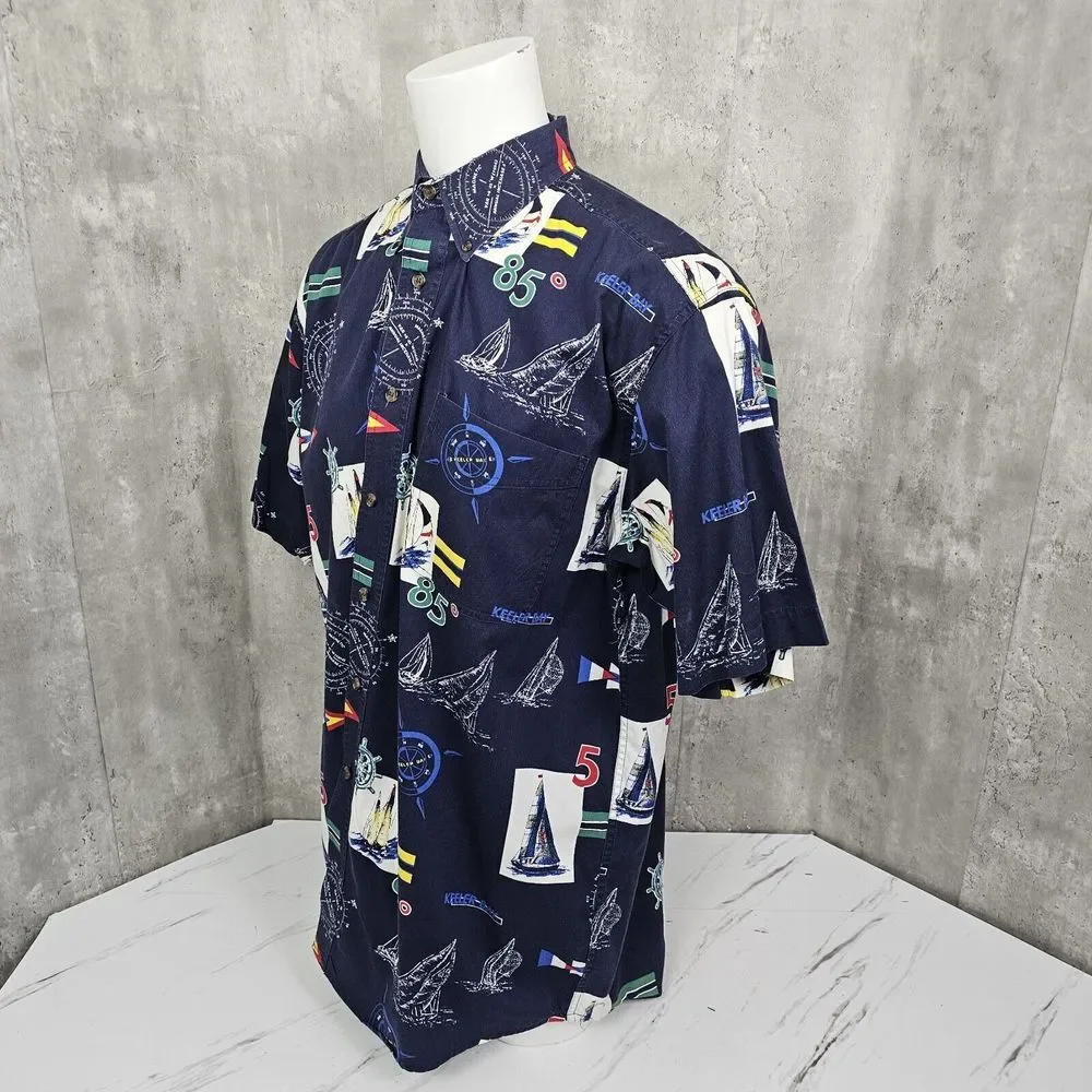 Vintage 90s‎ Keeler Bay Mens 1XLT Tall Nautical Sailing Boating Button Front S/S